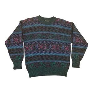 Vintage 80s 90s MEISTER Green Multicolor Wool Cozy Sweater Ski Fair Isle Size M